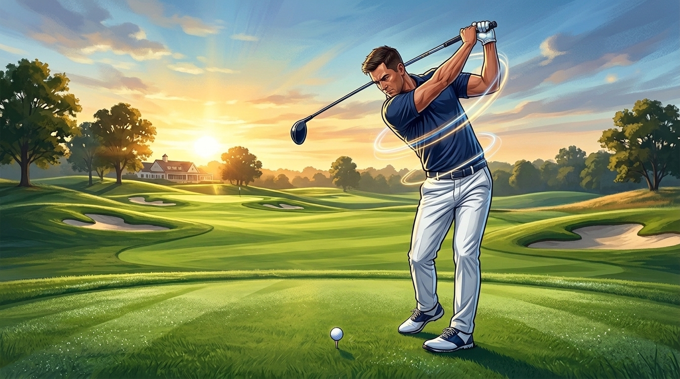 PGA golfer poised in coiled backswing apex position