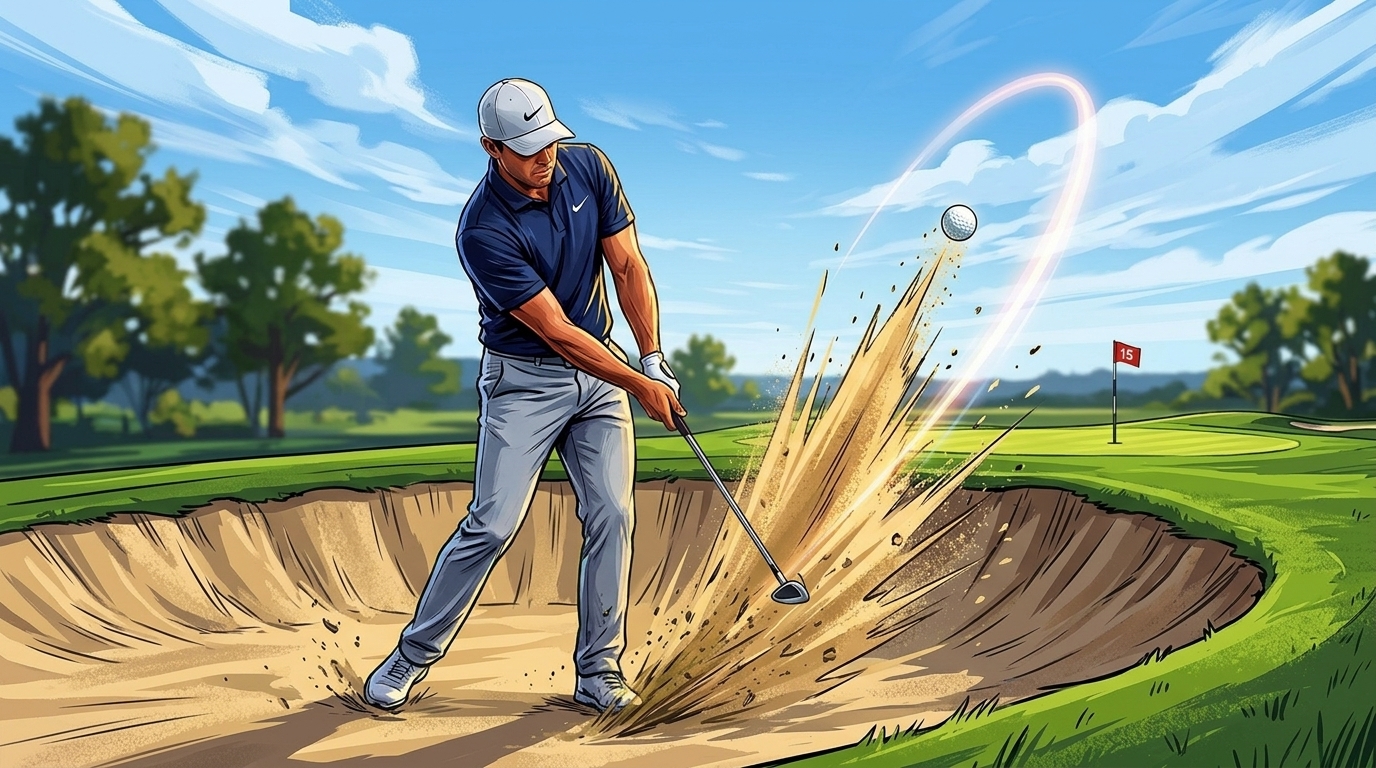 PGA golfer splashing explosive sand shot onto green