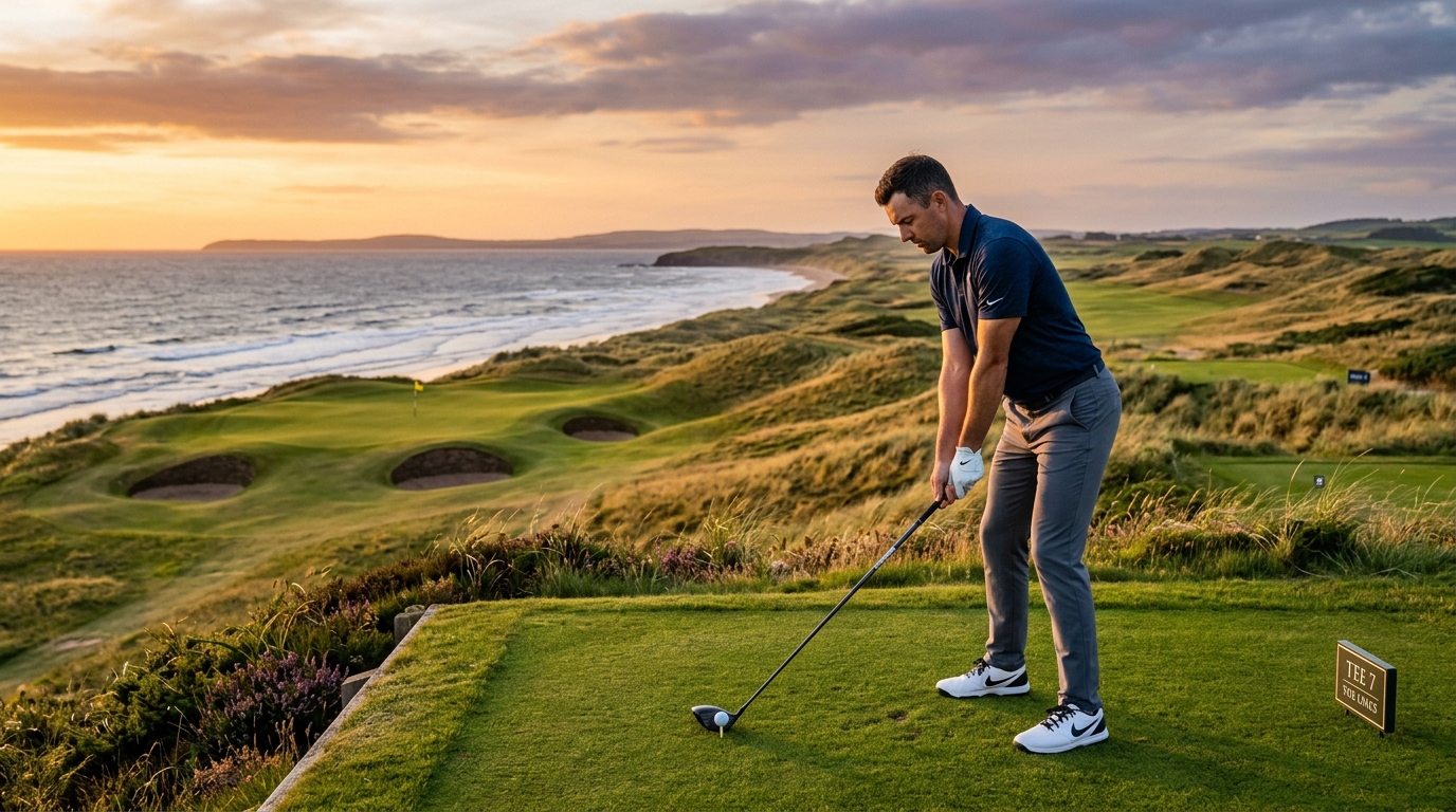 PGA golfer standing in poised athletic posture on championship tee box at sunset