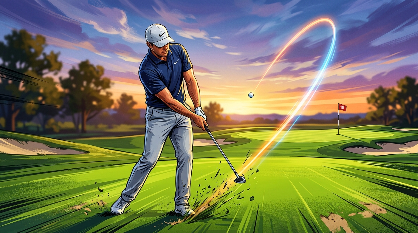 PGA golfer executing crisp pitch shot off tight turf
