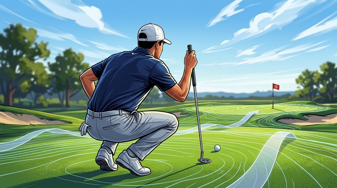 PGA golfer reading green contours and break lines